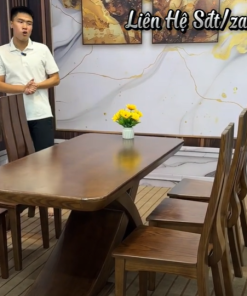 Bàn ăn chân chữ X 6 ghế mặt tràn vai cong gỗ sồi Nga sơn Pu màu óc chó