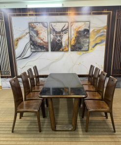 bàn ăn chân chữ U nguyên khối 8 ghế anh đào đẹp