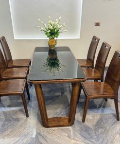 Bộ bàn ăn chân quỳ nguyên khối 6 ghế anh đào