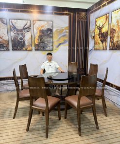 Bàn ăn tròn mâm xoay kính 6 ghế sồi Nga