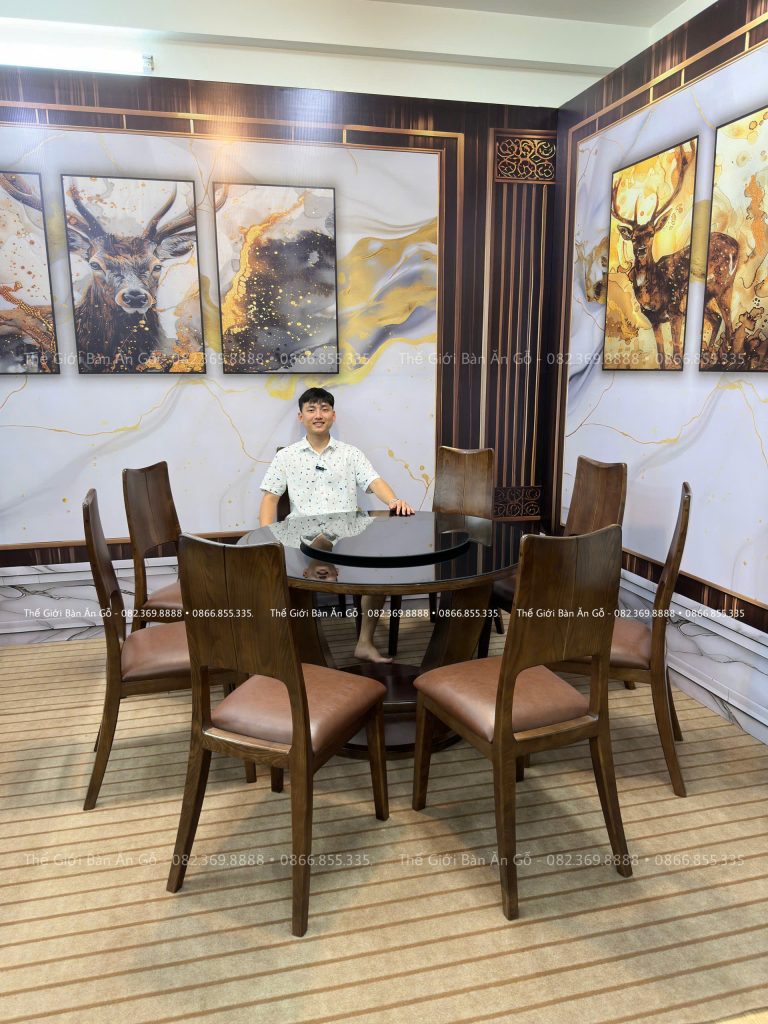 Bàn ăn tròn mâm xoay kính 6 ghế sồi Nga