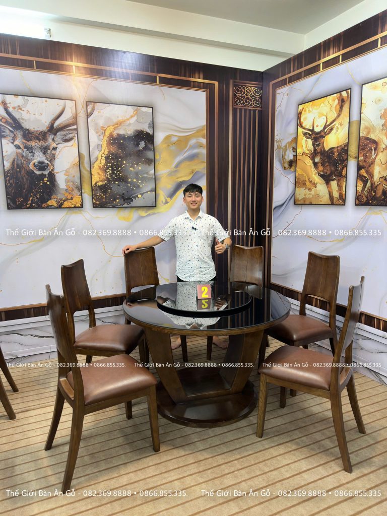 Bàn ăn tròn mâm xoay kính 6 ghế sồi Nga