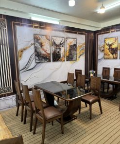 Bàn ghế ăn chân chữ C ghế ba tiêu bọc đệm gỗ sồi Nga cao cấp