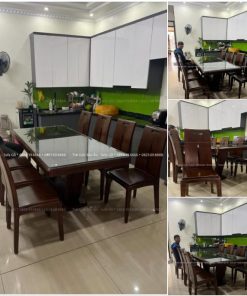 🪑 BỘ BÀN ĂN GỖ HƯƠNG ĐÁ 8 GHẾ CHÂN NGUYÊN KHỐI – SƠN MÀU ÓC CHÓ