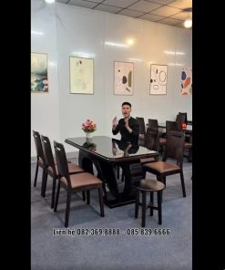 Bàn ăn gỗ Hiện đại mẫu chân Bàn cánh Tiên 6ghế ba tiêu bọc đệm da